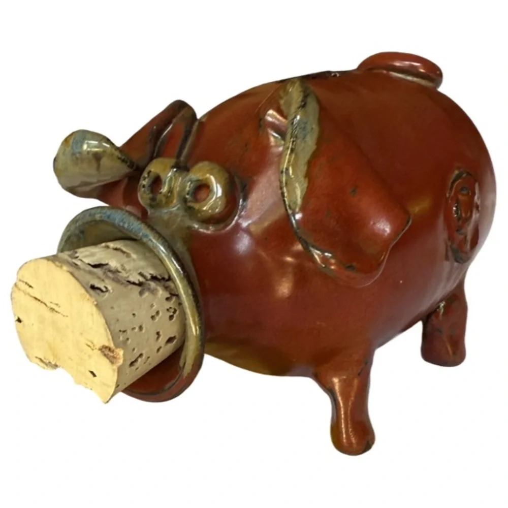 Vintage Artisan Pottery Rustic Brown Piggy Bank with Cork Stopper